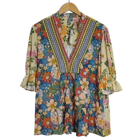Bl^nk London Anthropologie Stephanie Top XS Floral V-Neck Embroidered Boho Blue - Picture 2 of 8